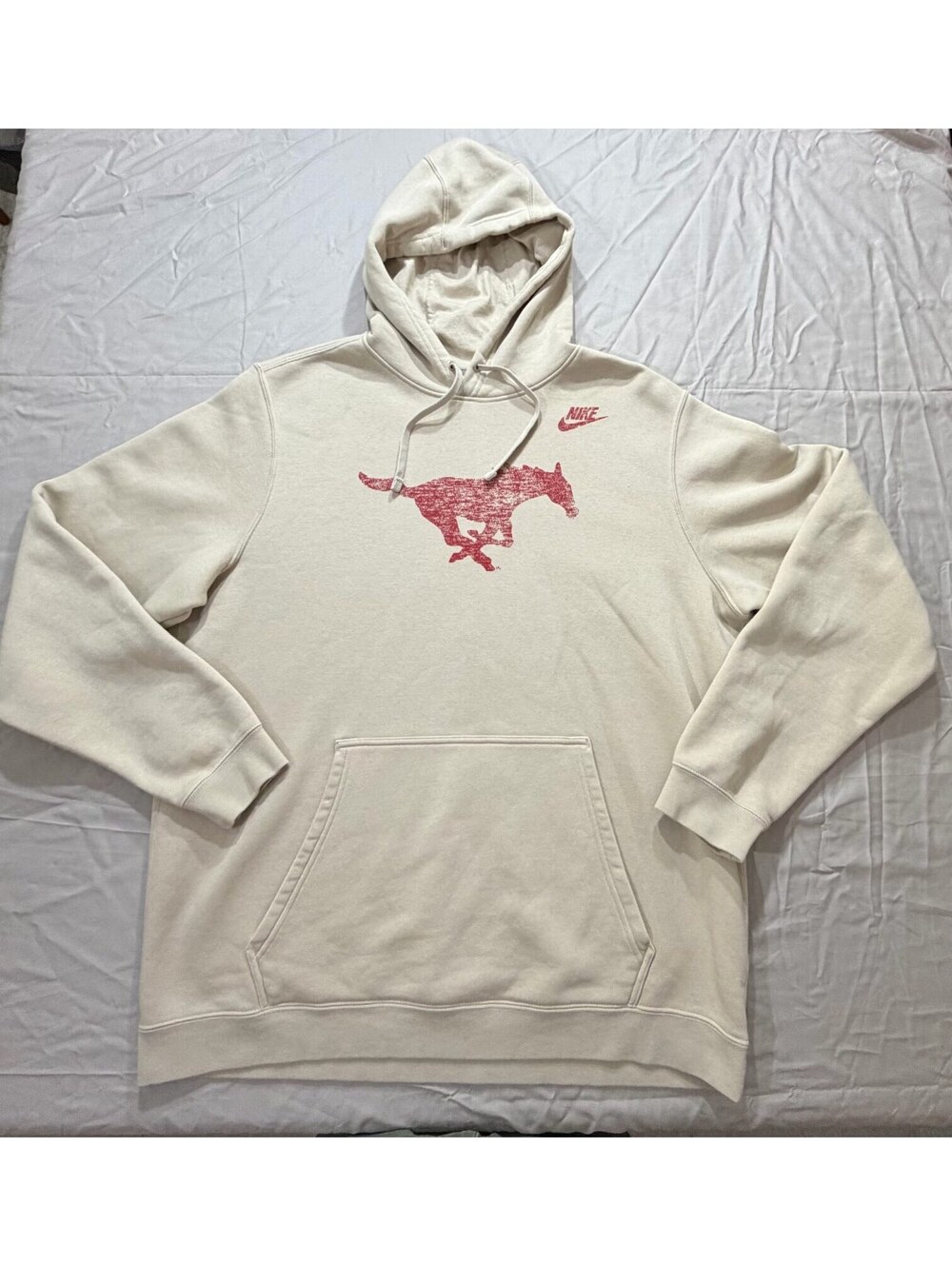 Nike Mens XL Hoodie Cream Red Running Horse Graphic Swoosh Pullover Sweatshirt